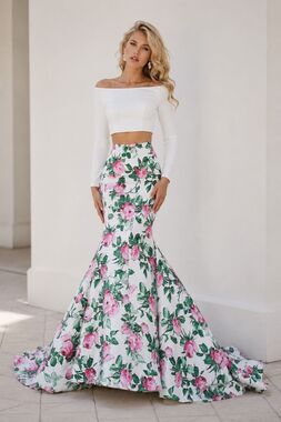 Sherri Hill 2016 Two Piece Floral Mermaid Prom Gown White Pink Off Shoulder Sz 6